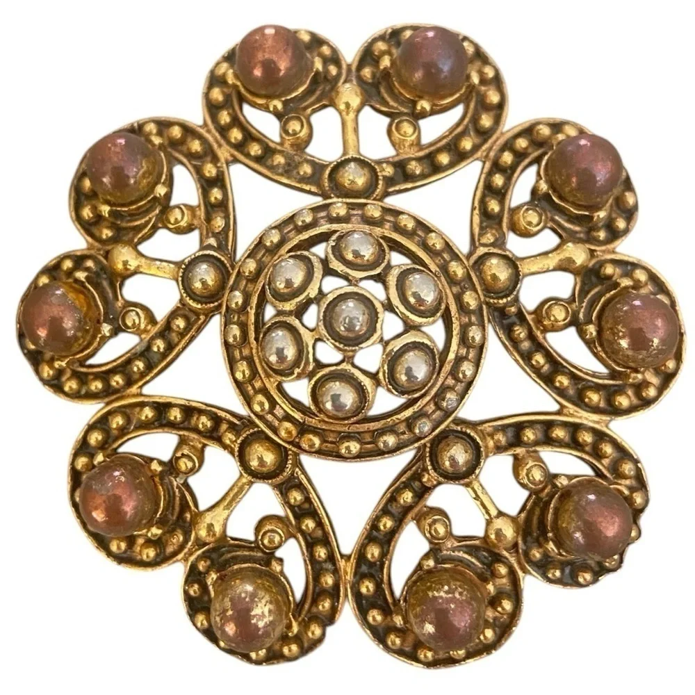 Vintage Florenza antique gold & bronze faux pearl round heart brooch marked